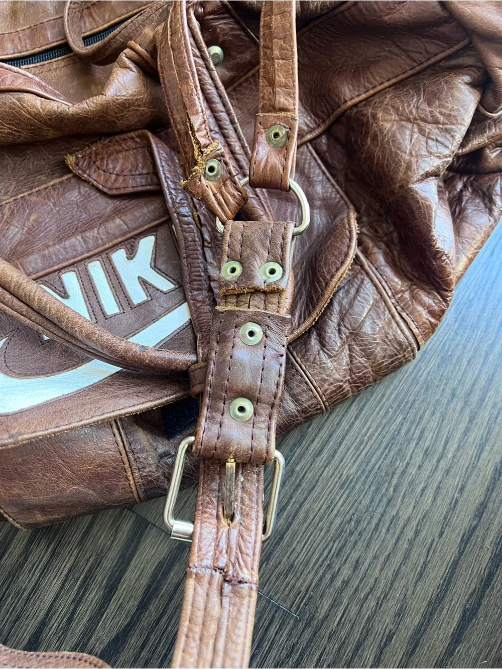 Vintage Nike Genuine Leather Brown Duffel Gym Travel Bag